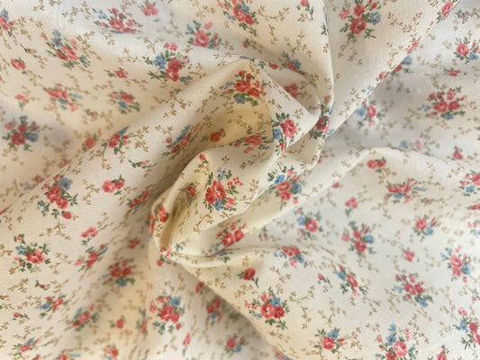 Japanese Cotton Floral Print - Off-White, Pink & Blue