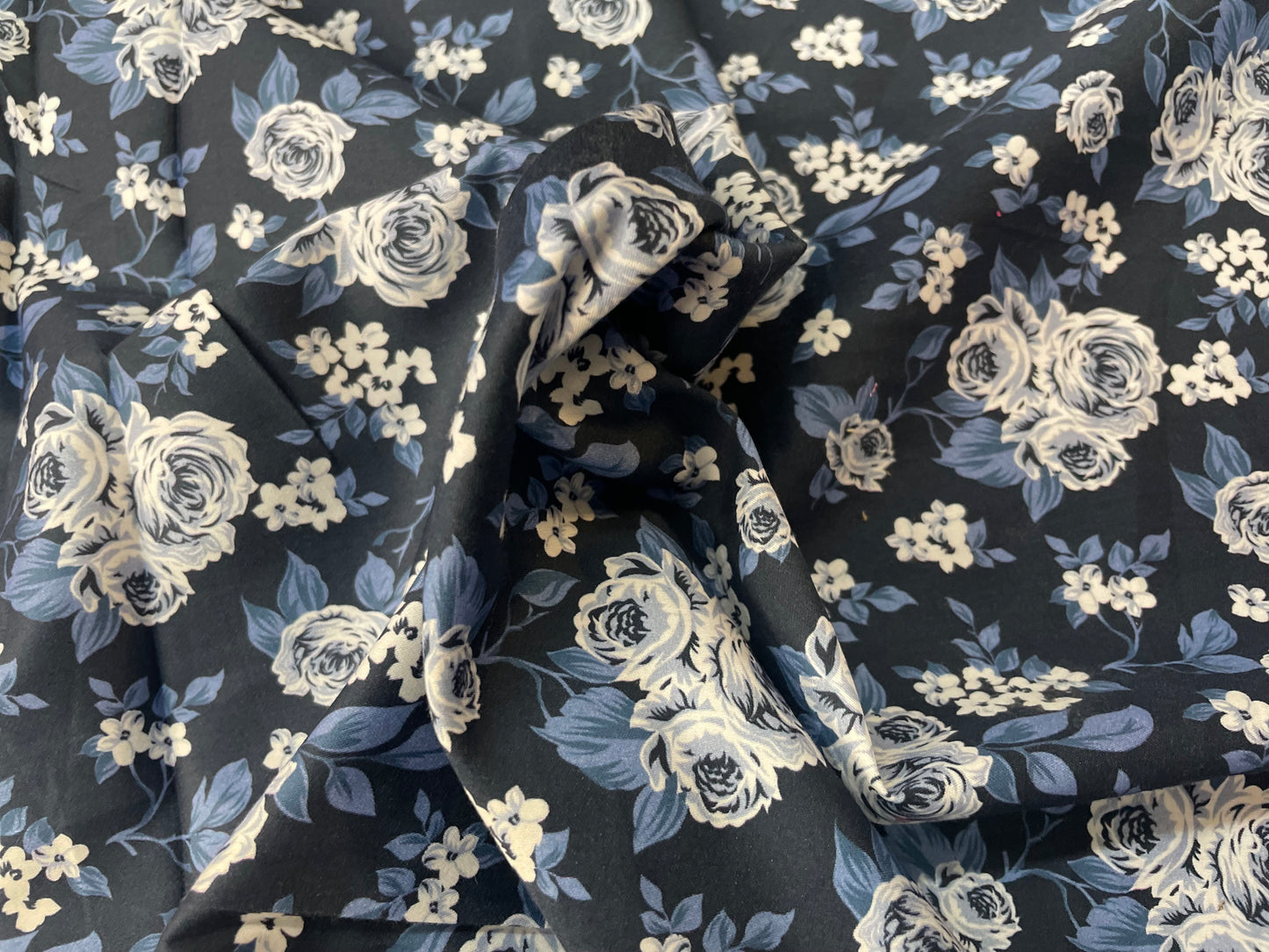 Floral Print Cotton Calico Satin Finish - Blue, Black & White