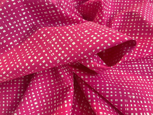 Stretch Twill Rayon Spandex - Sketch Plaid - Hot Pink & White