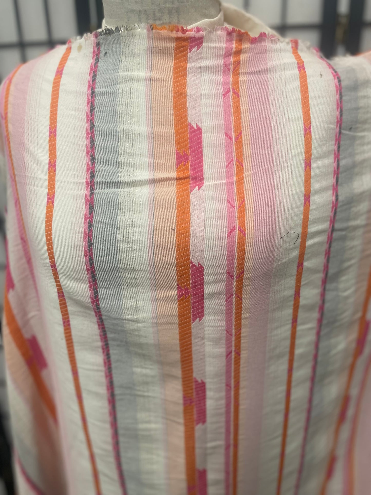 Stripe Print Cotton  - Off White, Gray, Orange, Pink & Lurex