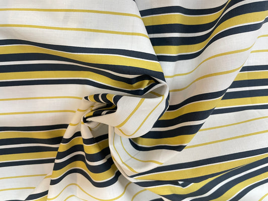 Stretch Printed Cotton Stripe - Yellow, Navy & White