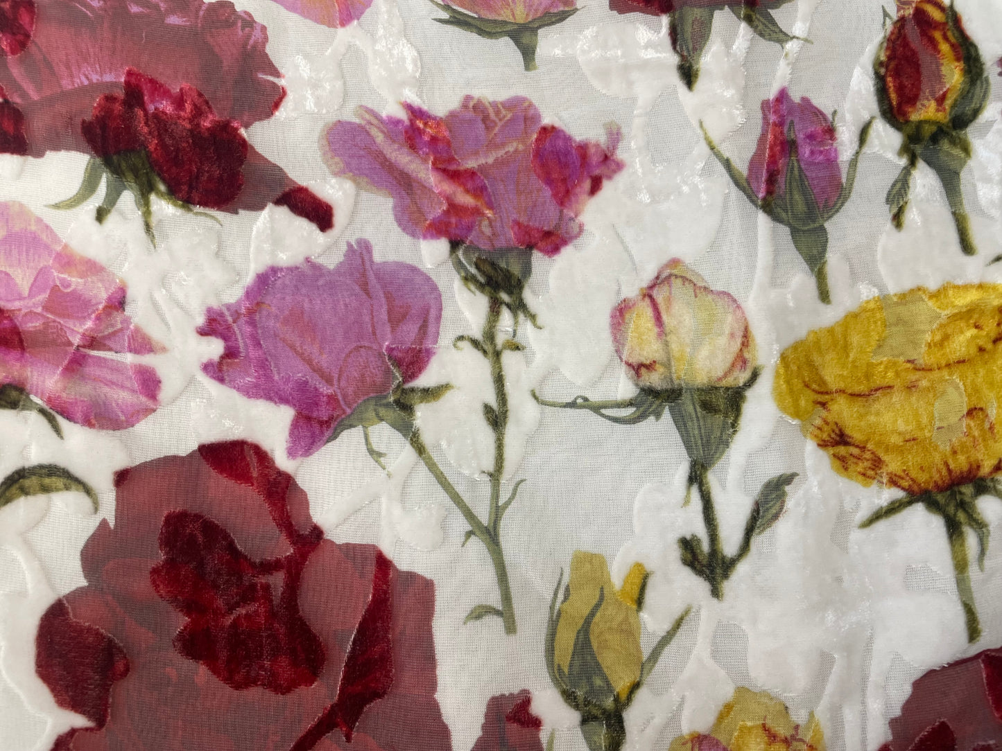 Italian Roses Silk/Rayon Velvet Burnout - White, Red, Pink & Orange