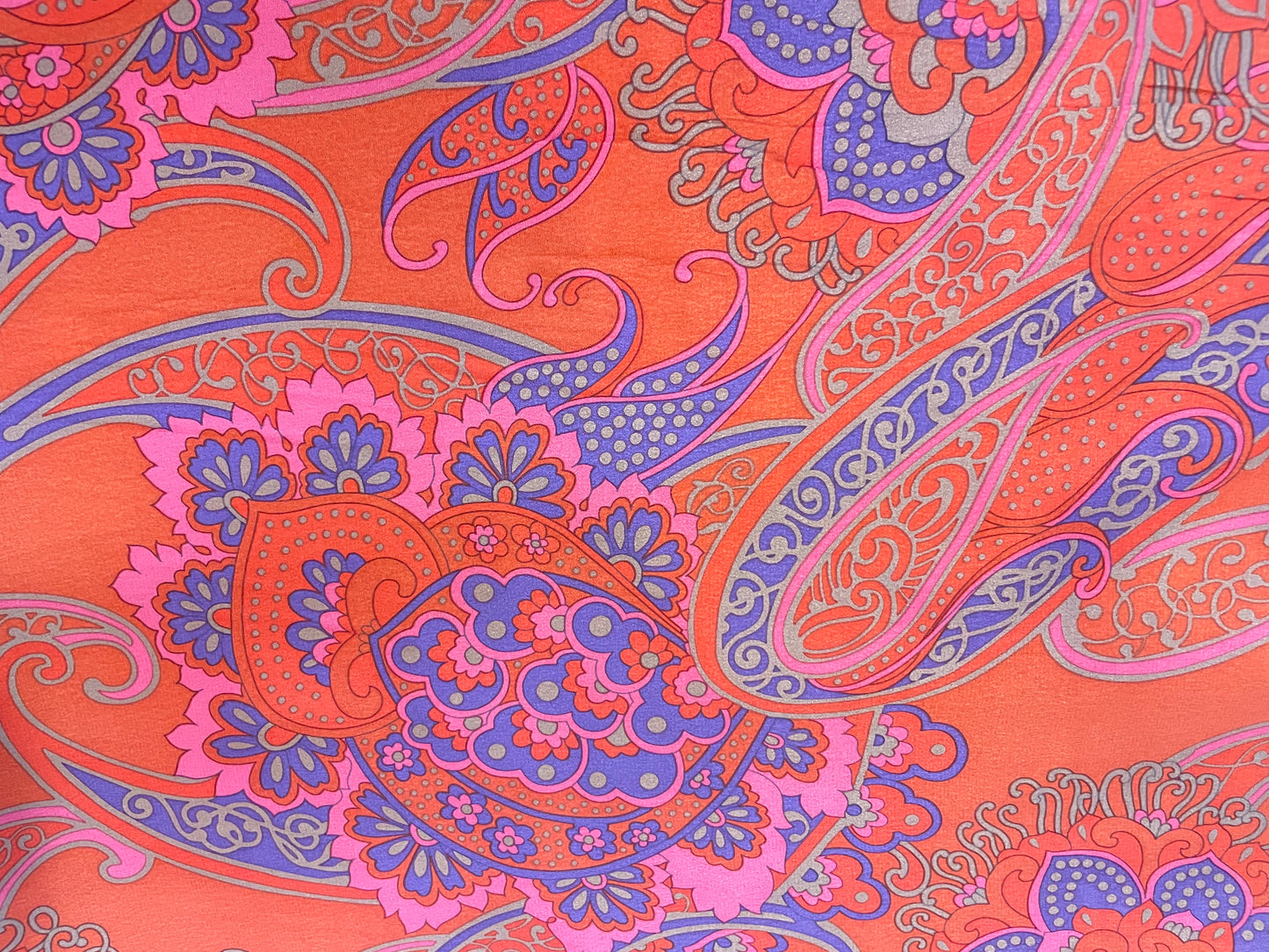 Printed Silk Crepe De Chine - 60's Paisley - Orange, Coral & purple