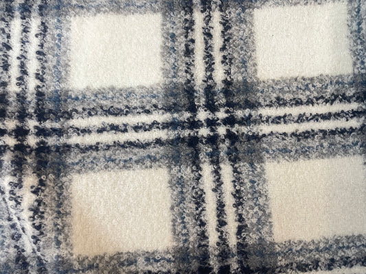 Italian Designer Plaid Wool Boucle - Cream, Grey & Blue