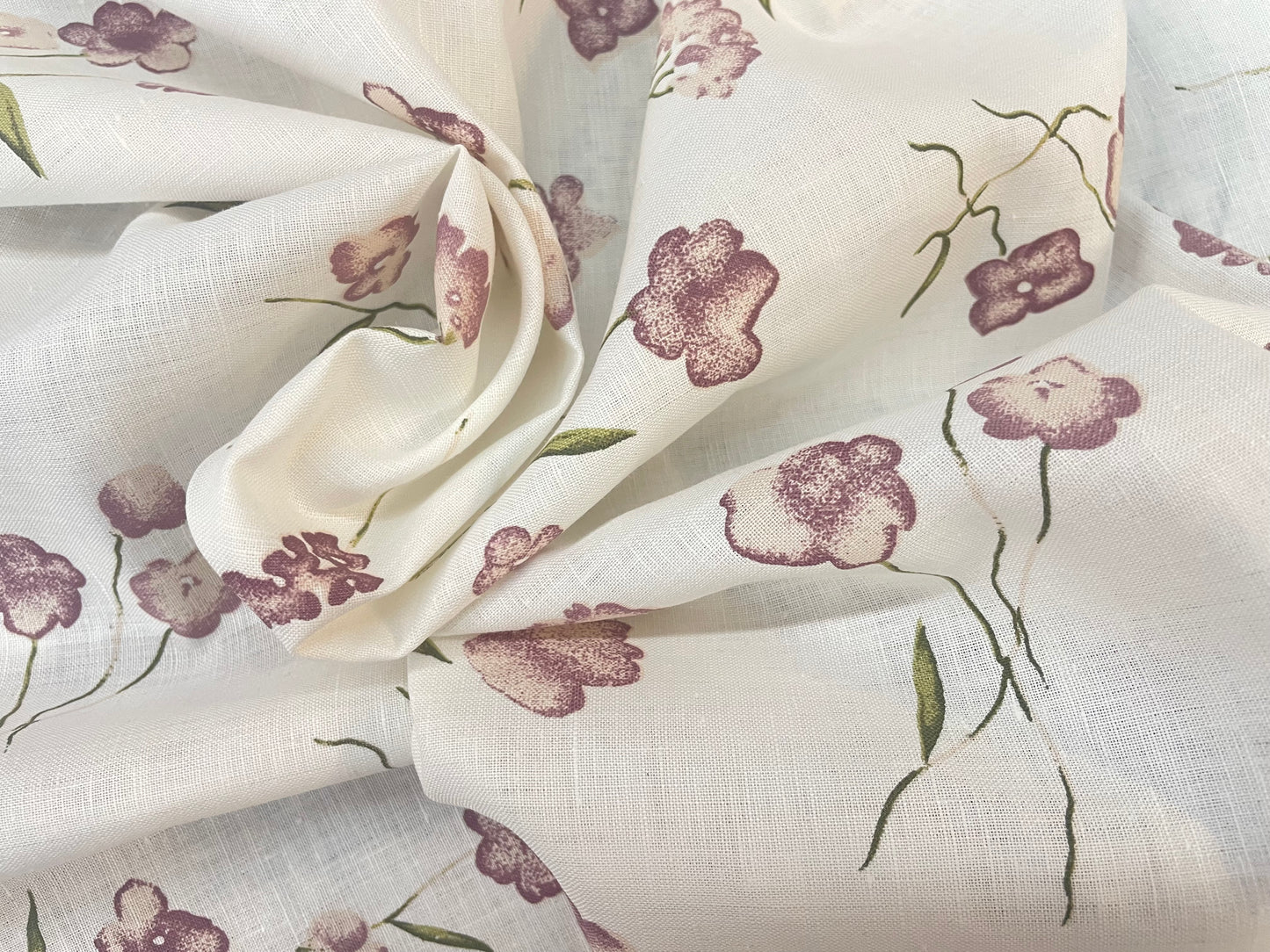 Floral Cotton & Linen Print - Ivory, Green & Purple