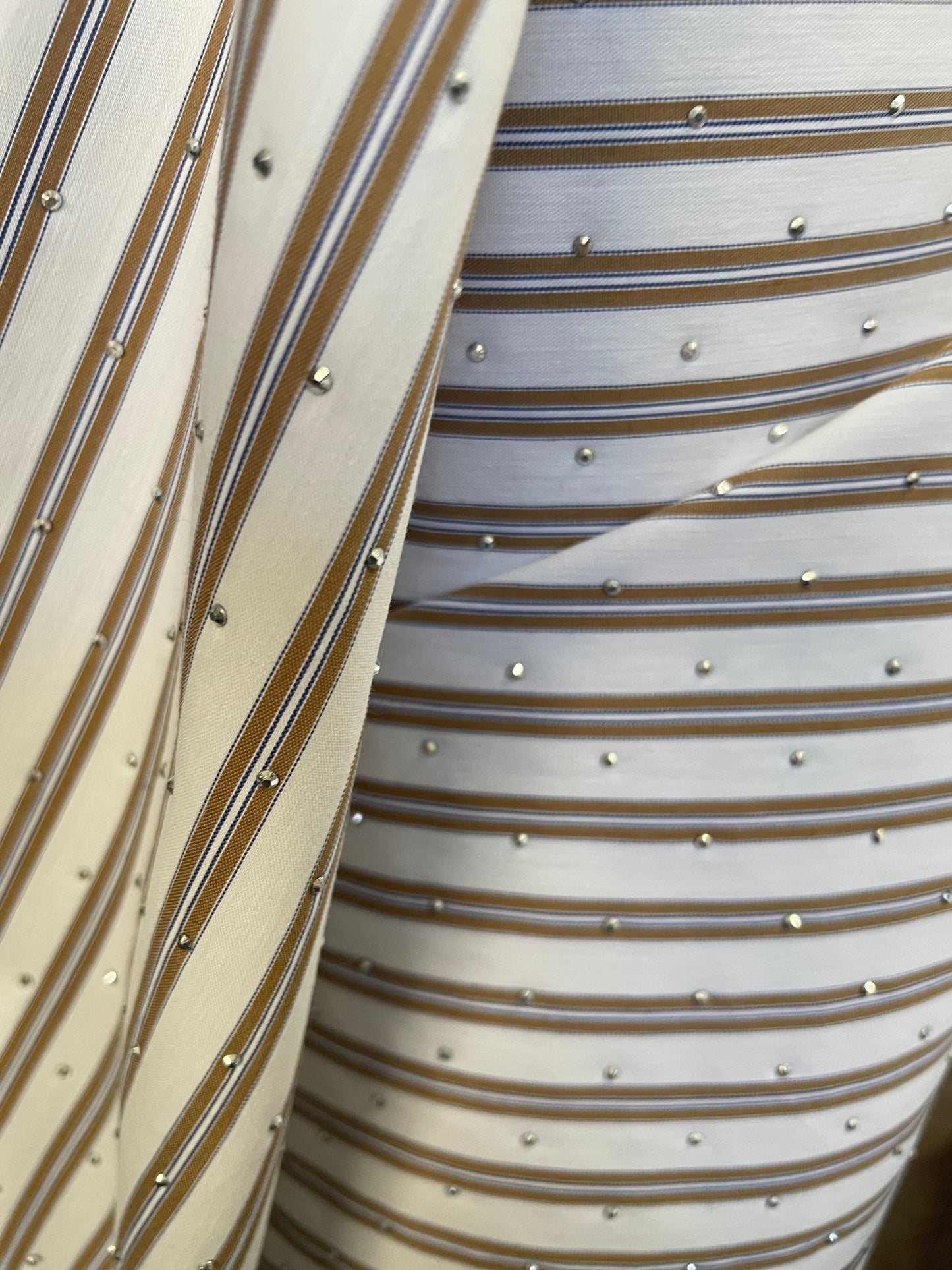 Rhinestone Stripe Cotton Shirting - Ivory, Tan & Grey