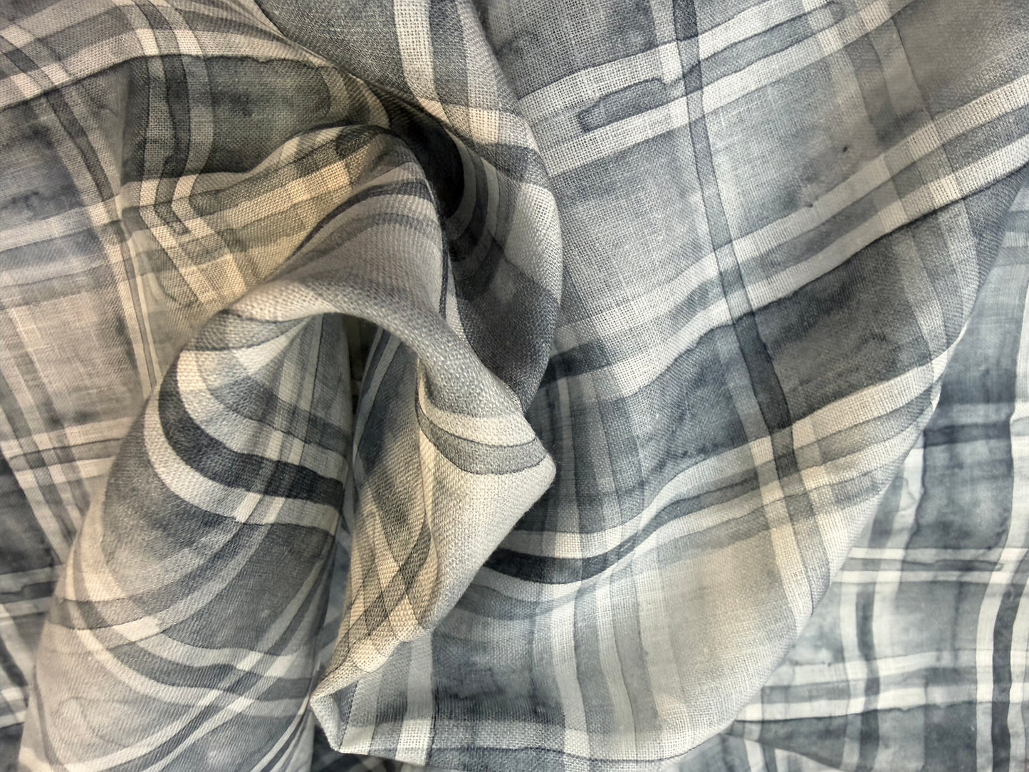 Watercolor Plaid Printed Linen - Greyscale