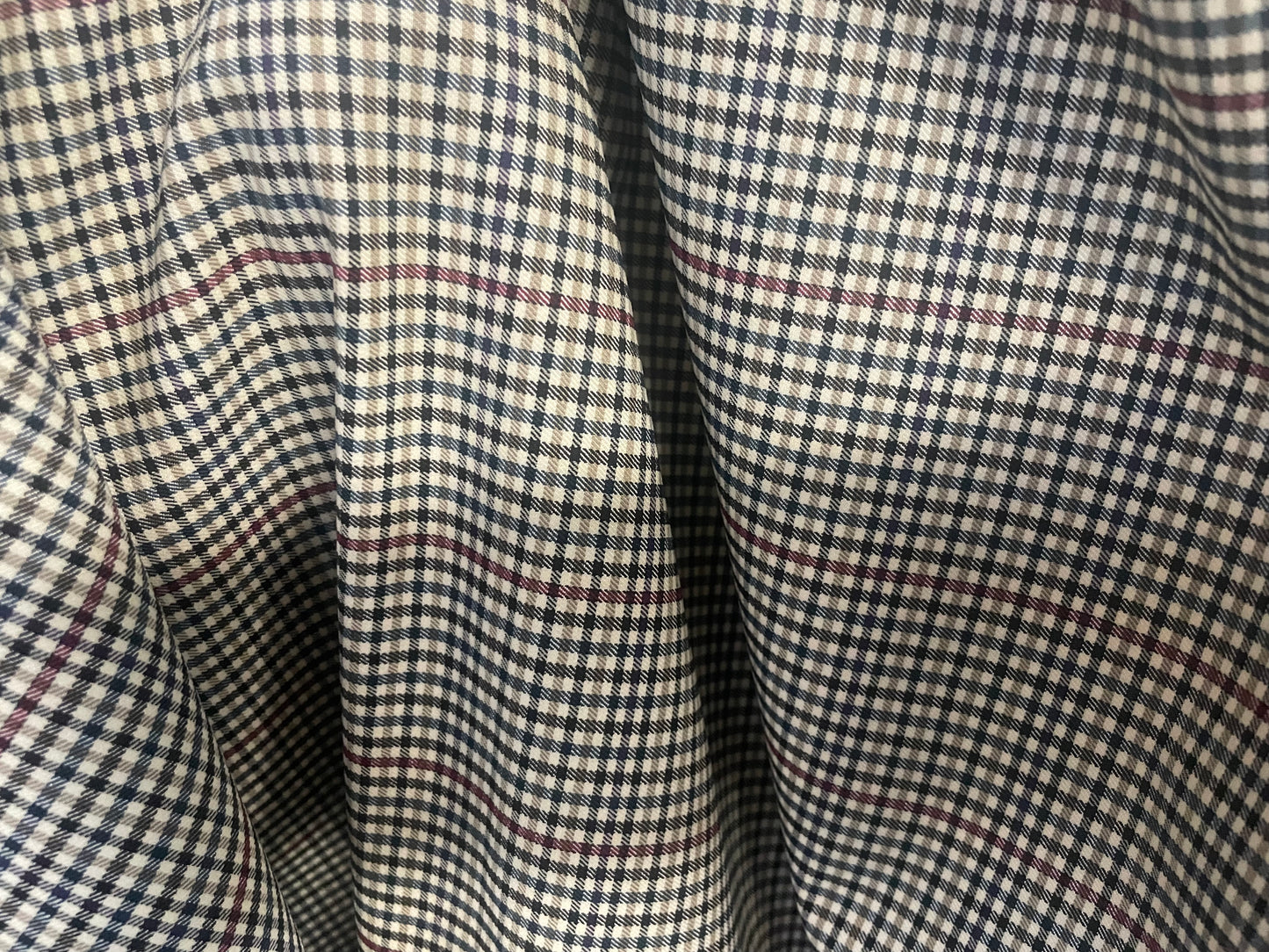 Stretch Plaid Poly Rayon Suiting - Tan, Red & Navy