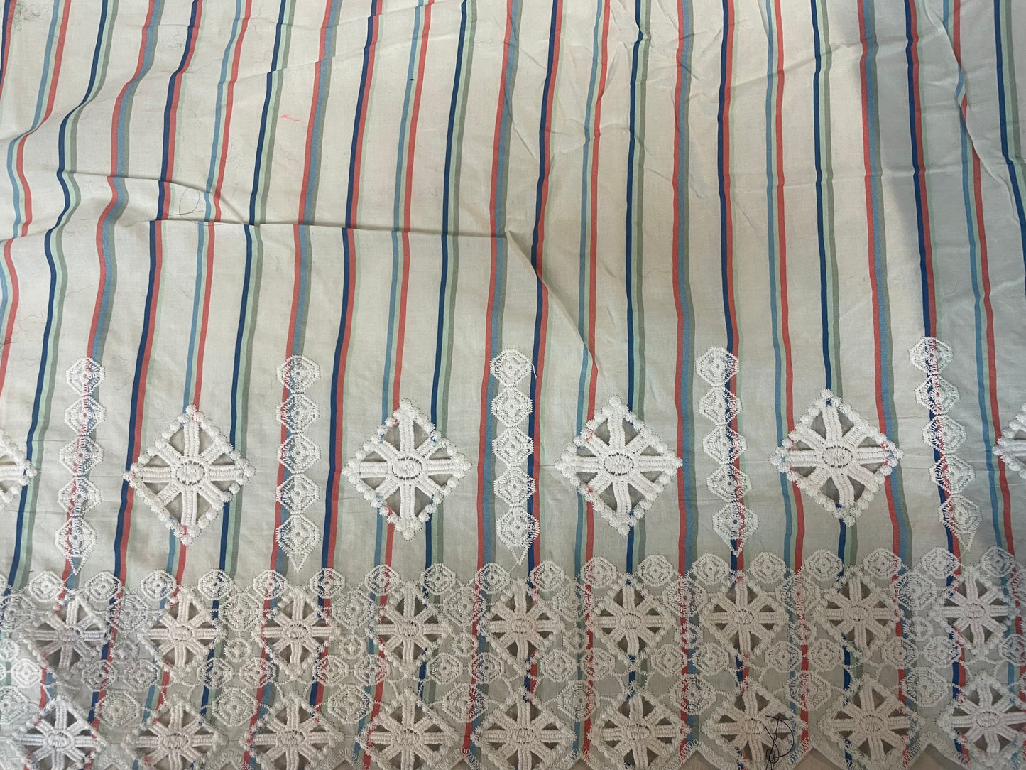 Stripe Cotton with Lace Selvedge - White, Peach, Blue & Green