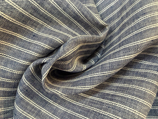 Linen Stripe - Ivory & Denim Blue