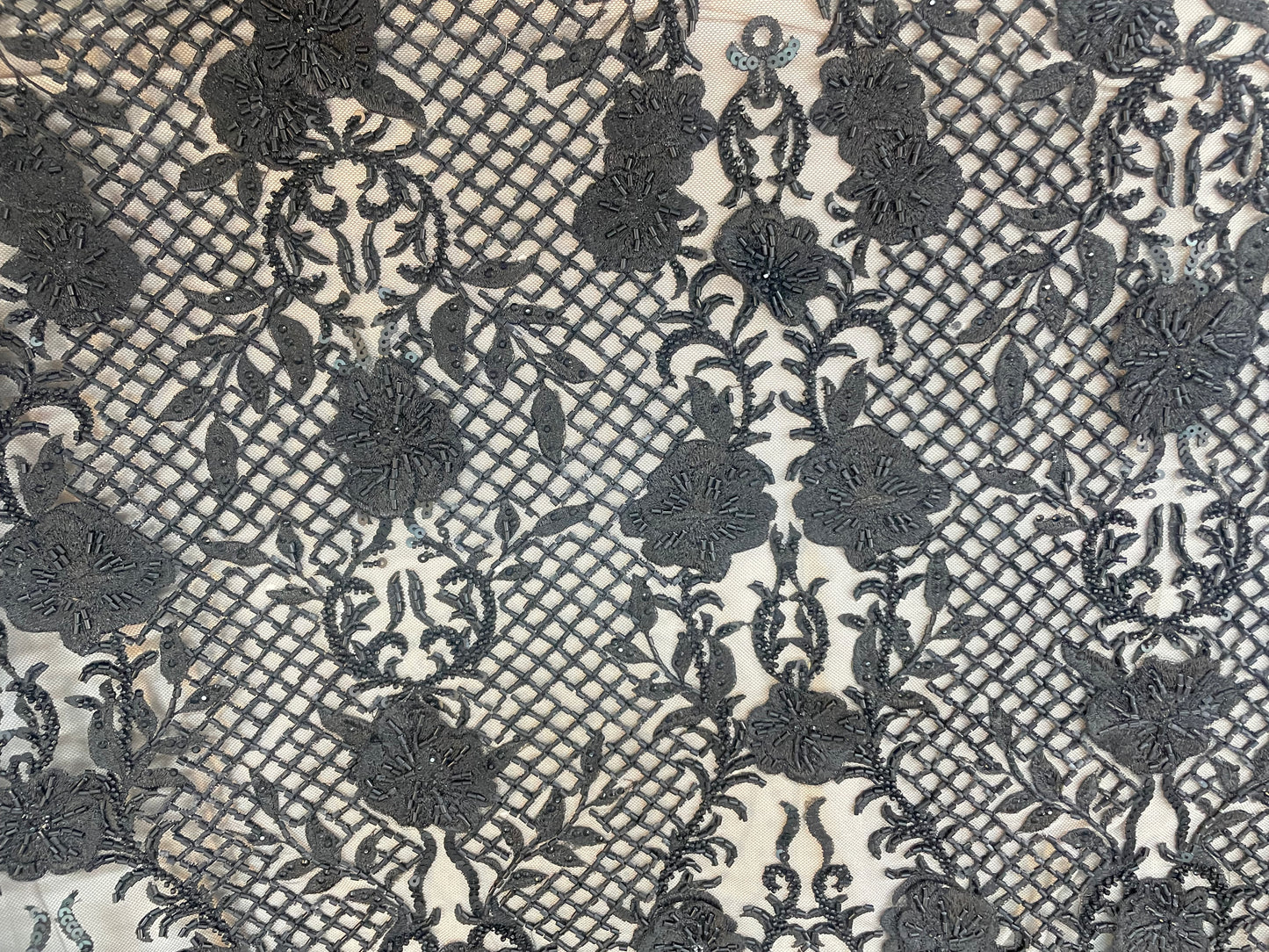 Beaded & Embroidered Floral Mesh - Jet Black