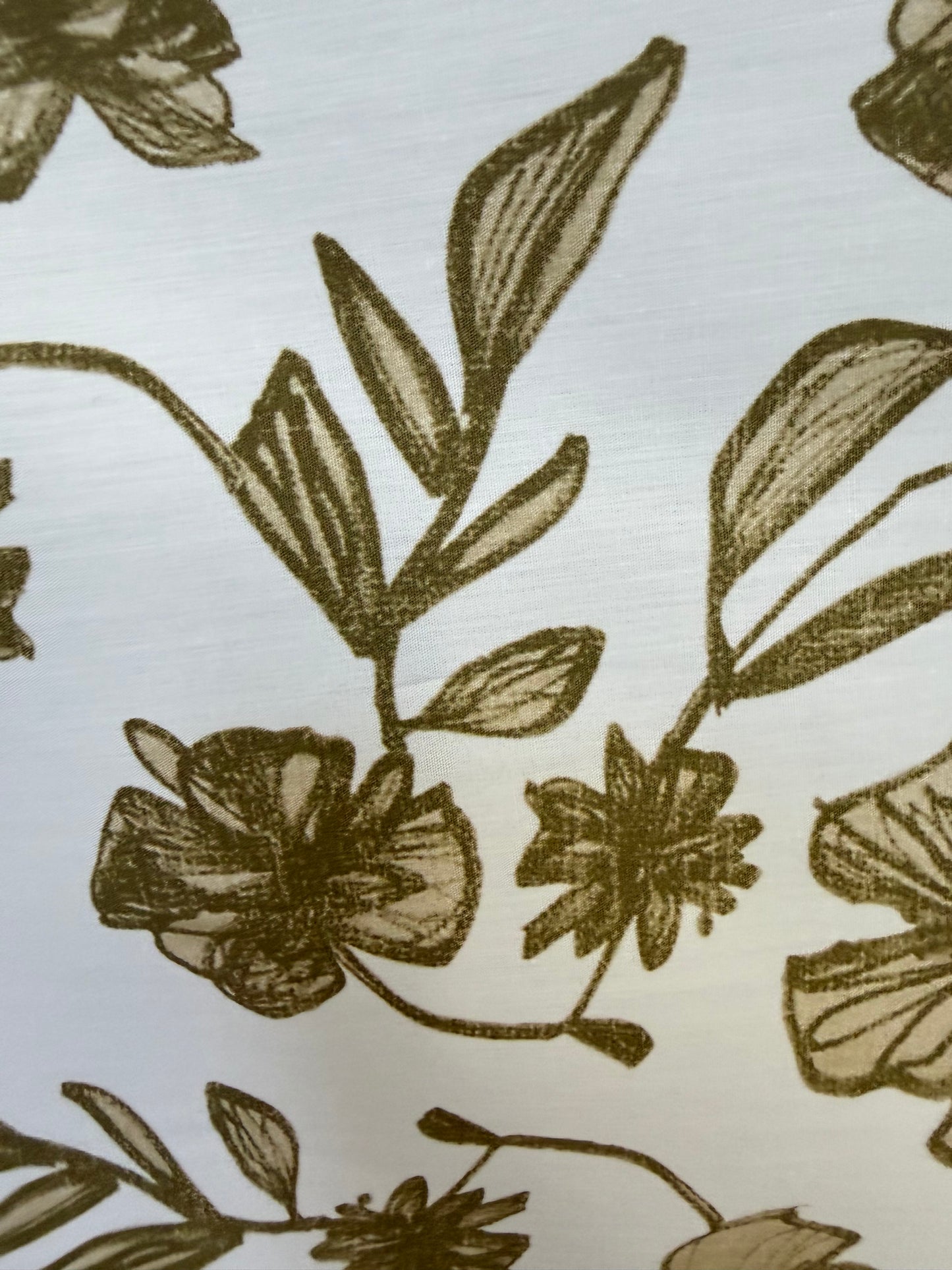Italian Floral Printed Cotton - White, Olive & Beige