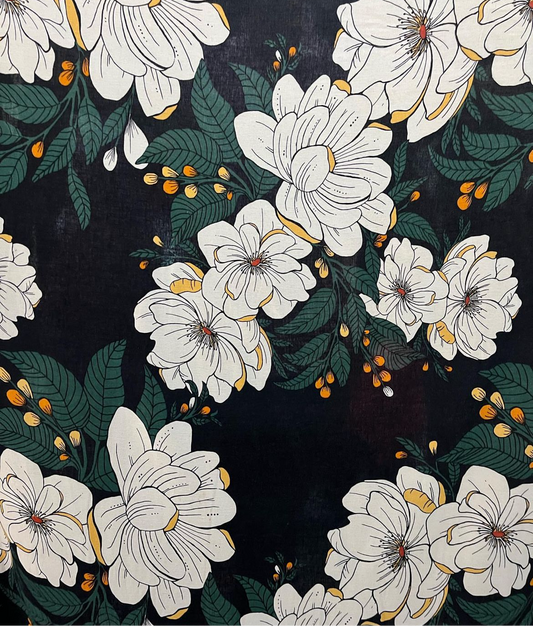 Camellia Flower Print Linen Rayon: Green / Gold