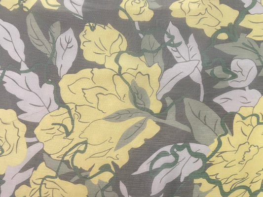 Floral Printed Crinkled Silk Chiffon - Green, Yellow & Grey