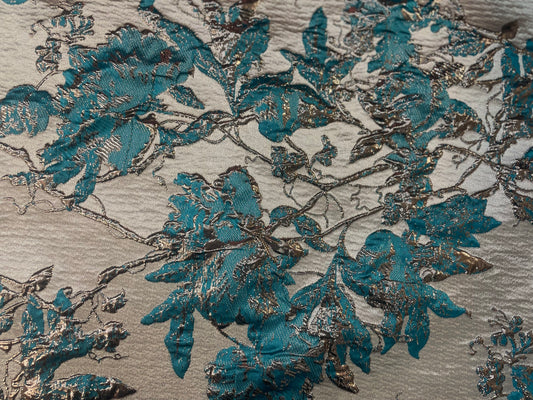 Designer Floral Brocade - Gold, Silver & Turquoise