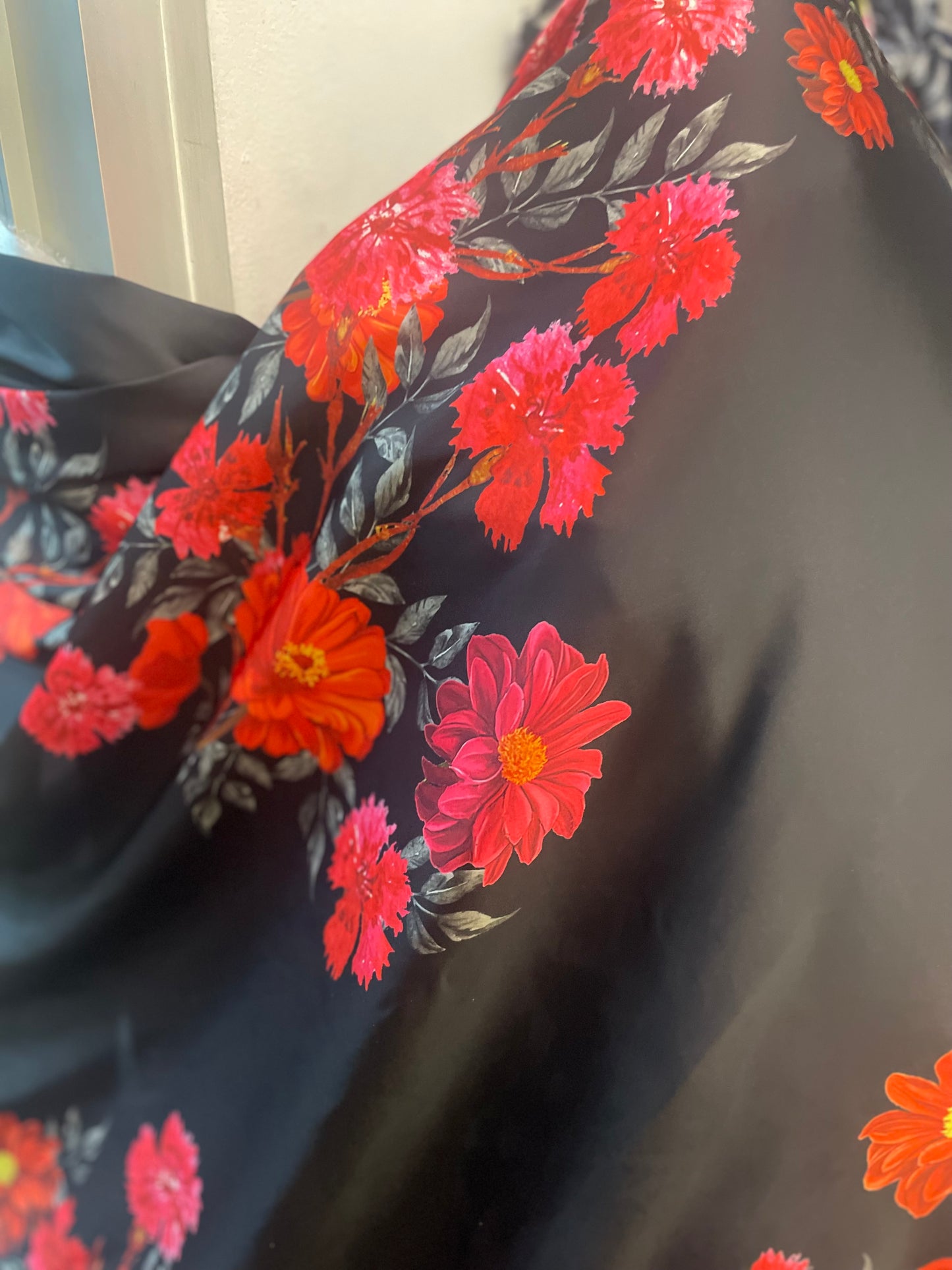 Romantic Floral Printed Poly Satin - Red, Black & Orange