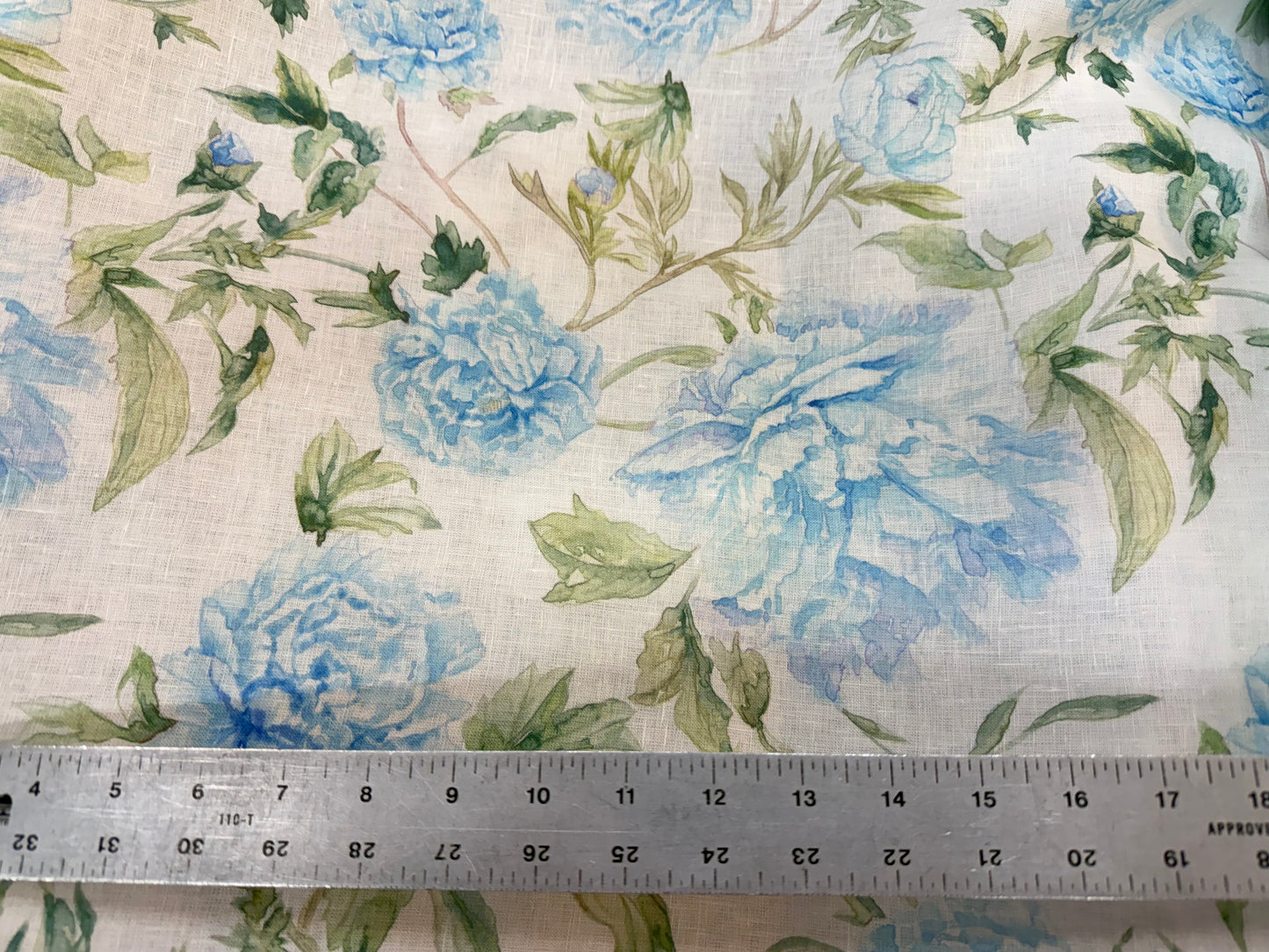 Linen Print - Blue Watercolor Peony