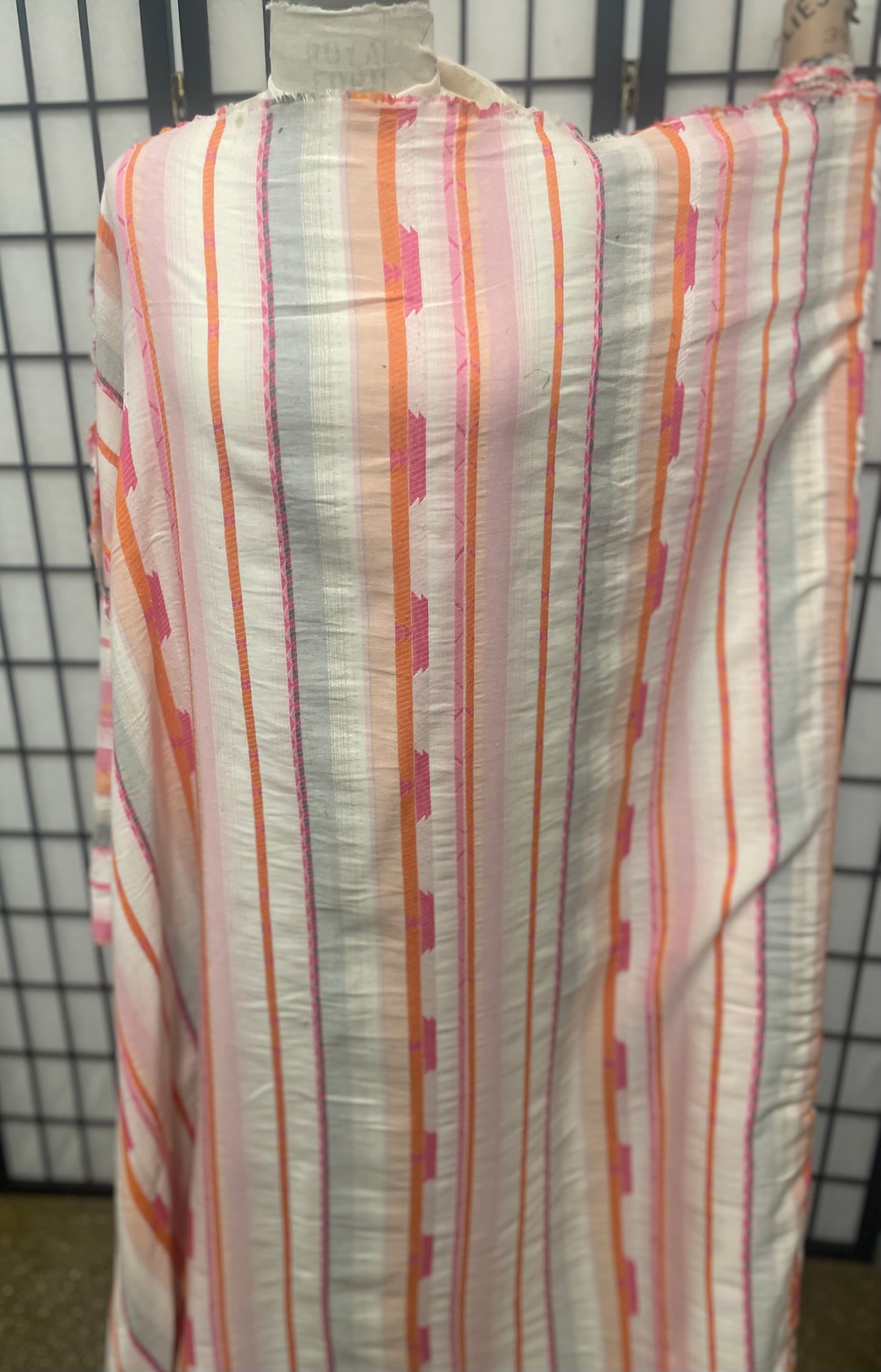 Stripe Print Cotton  - Off White, Gray, Orange, Pink & Lurex
