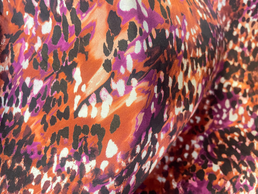Spanish Stretch Rayon Satin Print - Orange, Purple & Black Cheetah