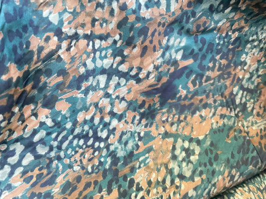 Spanish Stretch Rayon Satin Print - Blue, Teal & Copper Cheetah