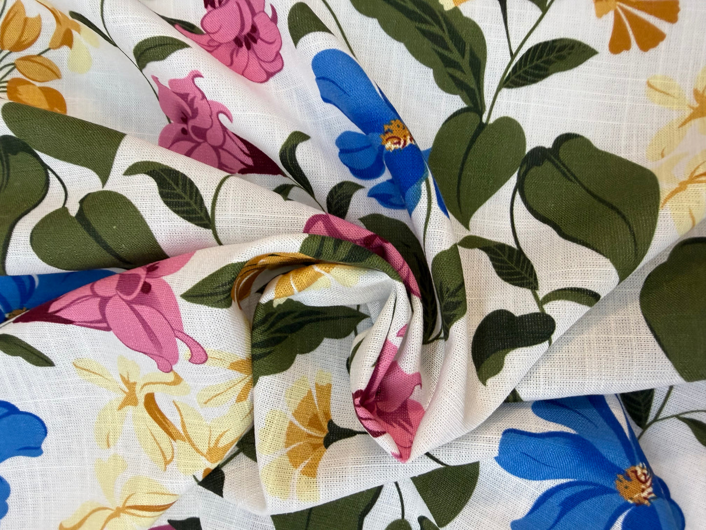 Linen Rayon Floral Print - White, Pink, Blue, Yellow & Green