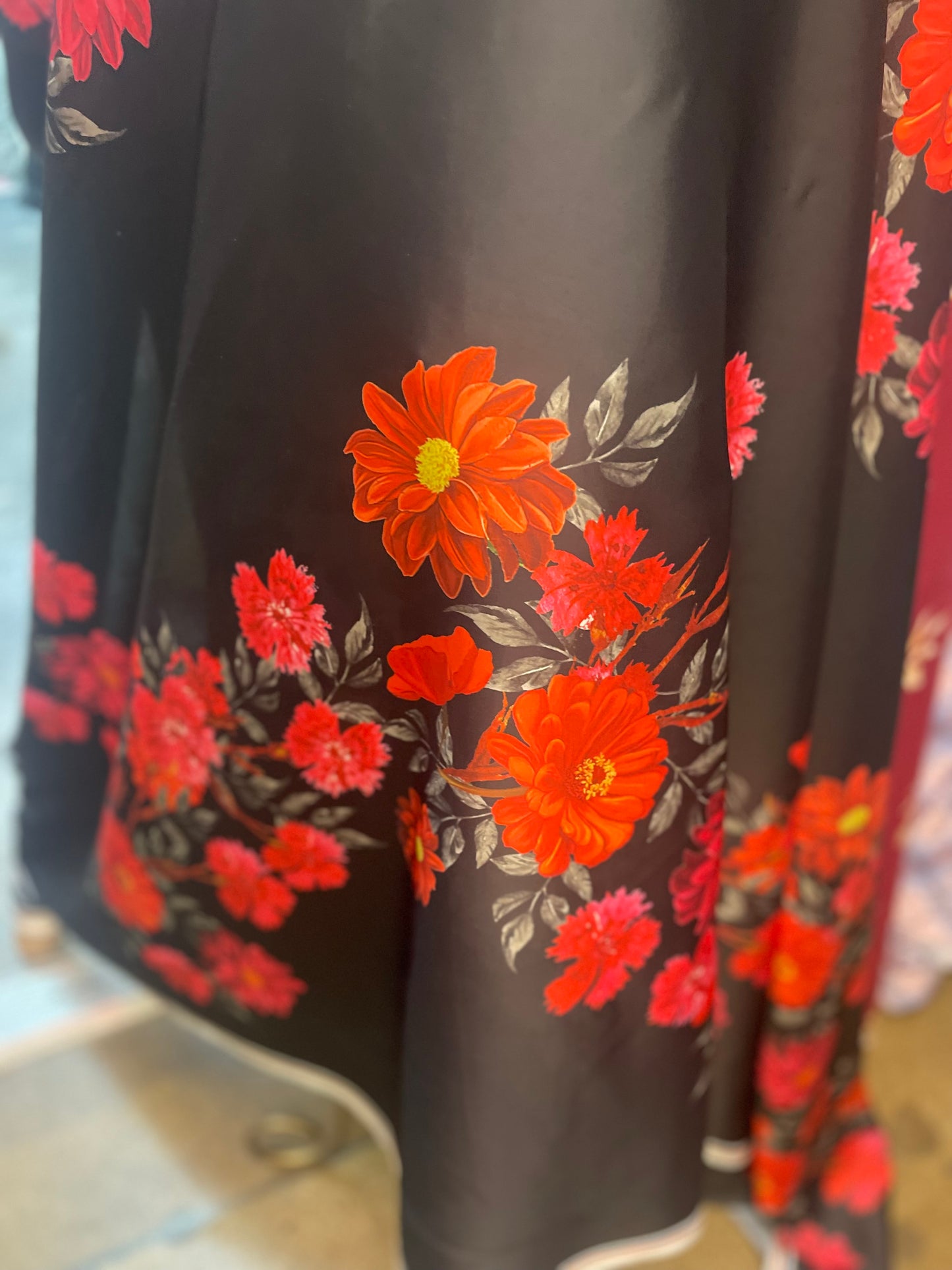 Romantic Floral Printed Poly Satin - Red, Black & Orange