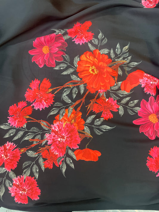Romantic Floral Printed Poly Satin - Red, Black & Orange