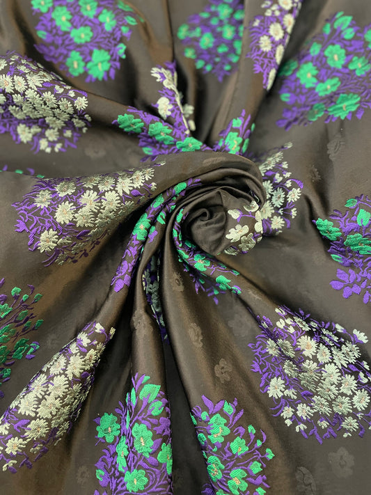 Designer Black, Purple & Green Floral Brocade