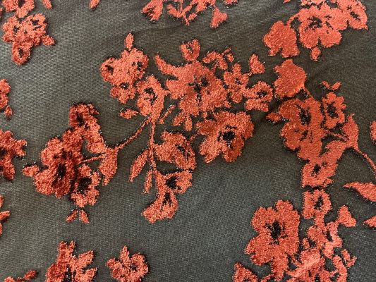 Floral Print Velvet Burnout Mesh - Burnt Orange & Black