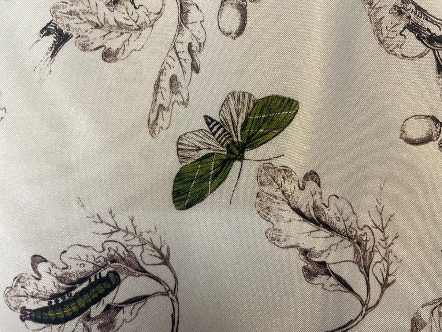 Silk Twill - Acorn Butterfly - Designer - White, Brown, Green