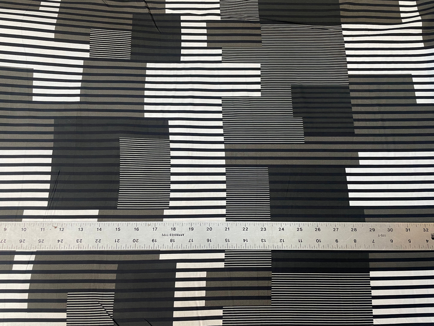 Rayon Geometric Stripe Print - Black, White & Army Green