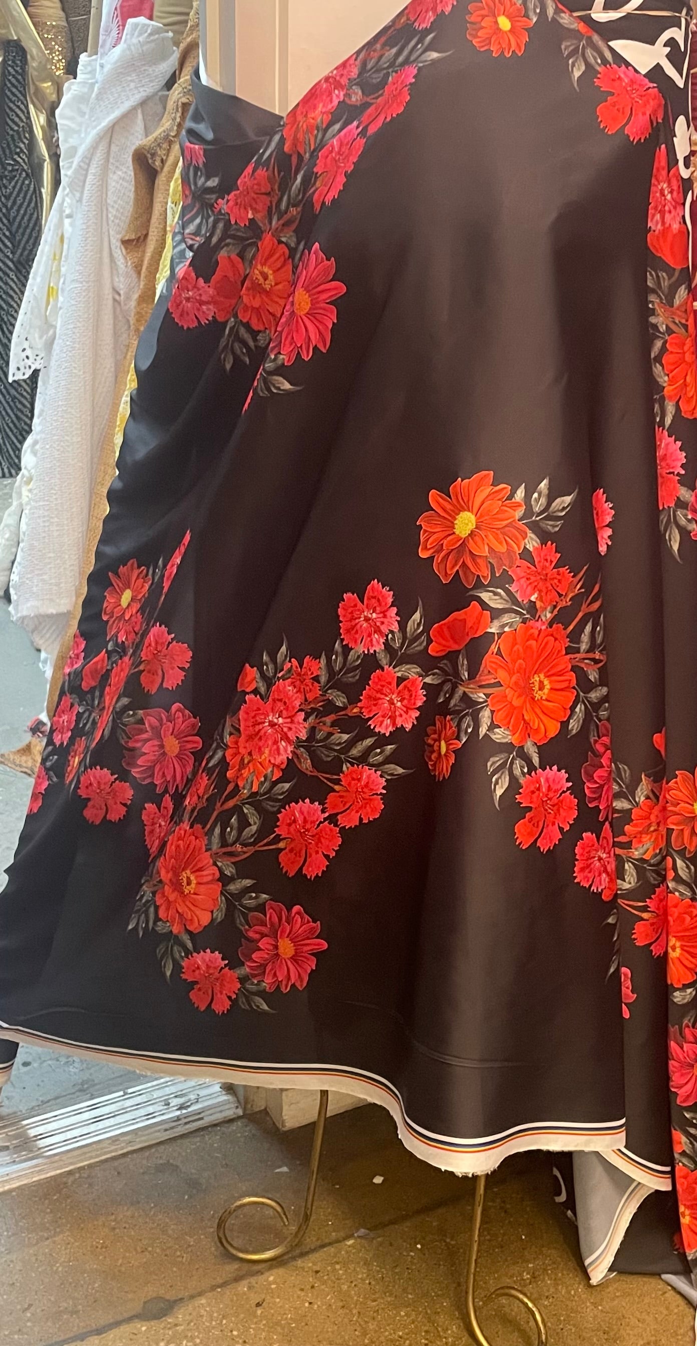 Romantic Floral Printed Poly Satin - Red, Black & Orange