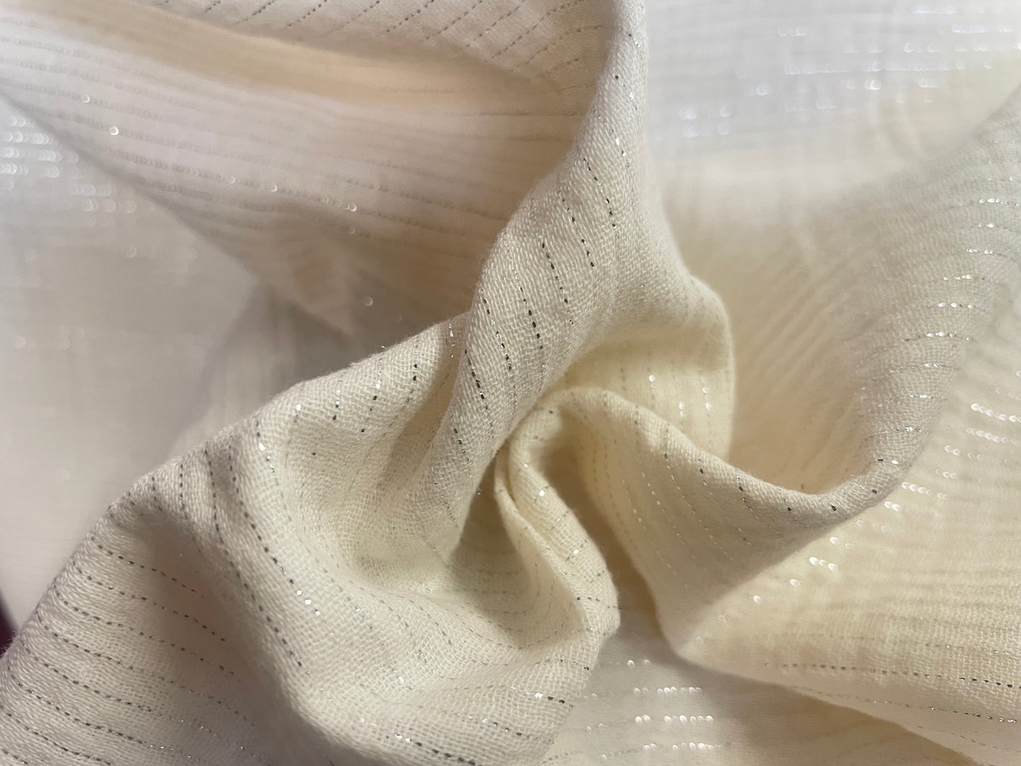 100% Cotton Double Gauze - Silver Lurex & Ivory