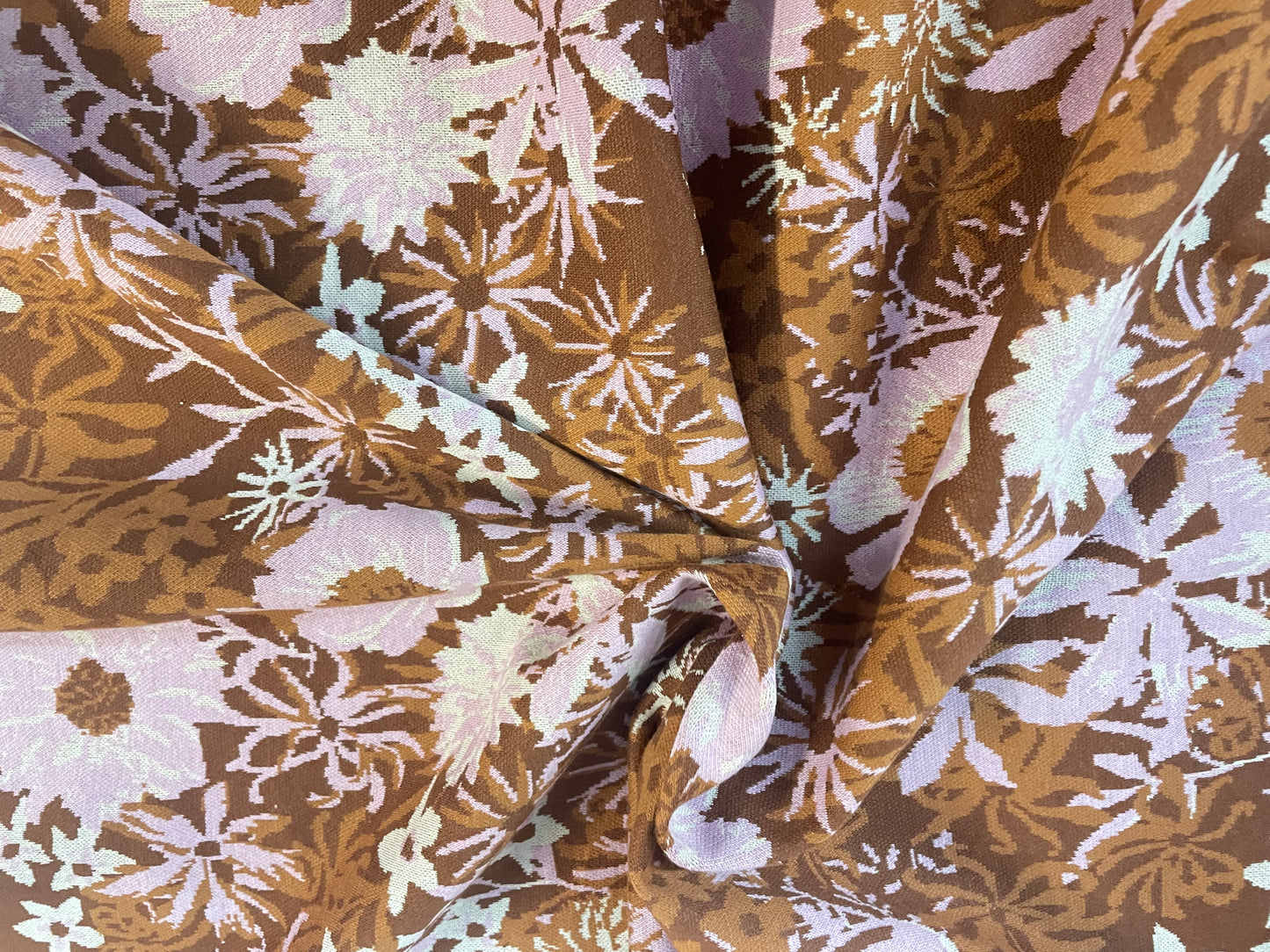 Floral Print Cotton French Terry - Brown, Pink & White