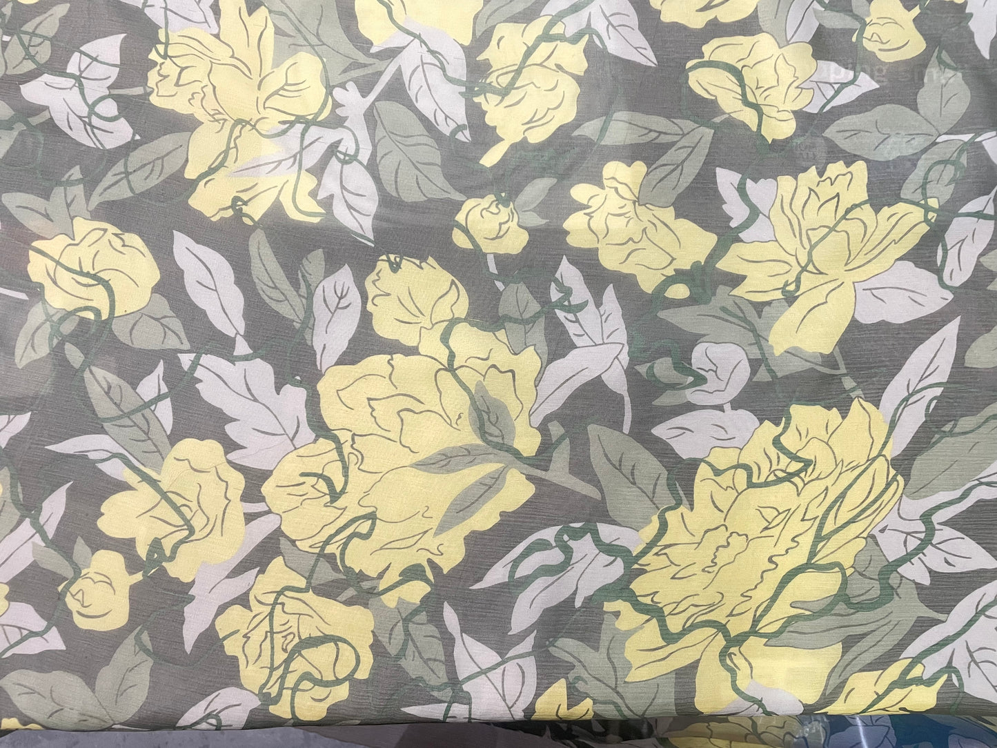 Floral Printed Crinkled Silk Chiffon - Green, Yellow & Grey