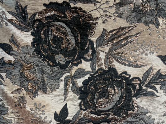 Designer Floral Brocade - Rose Gold & Grey