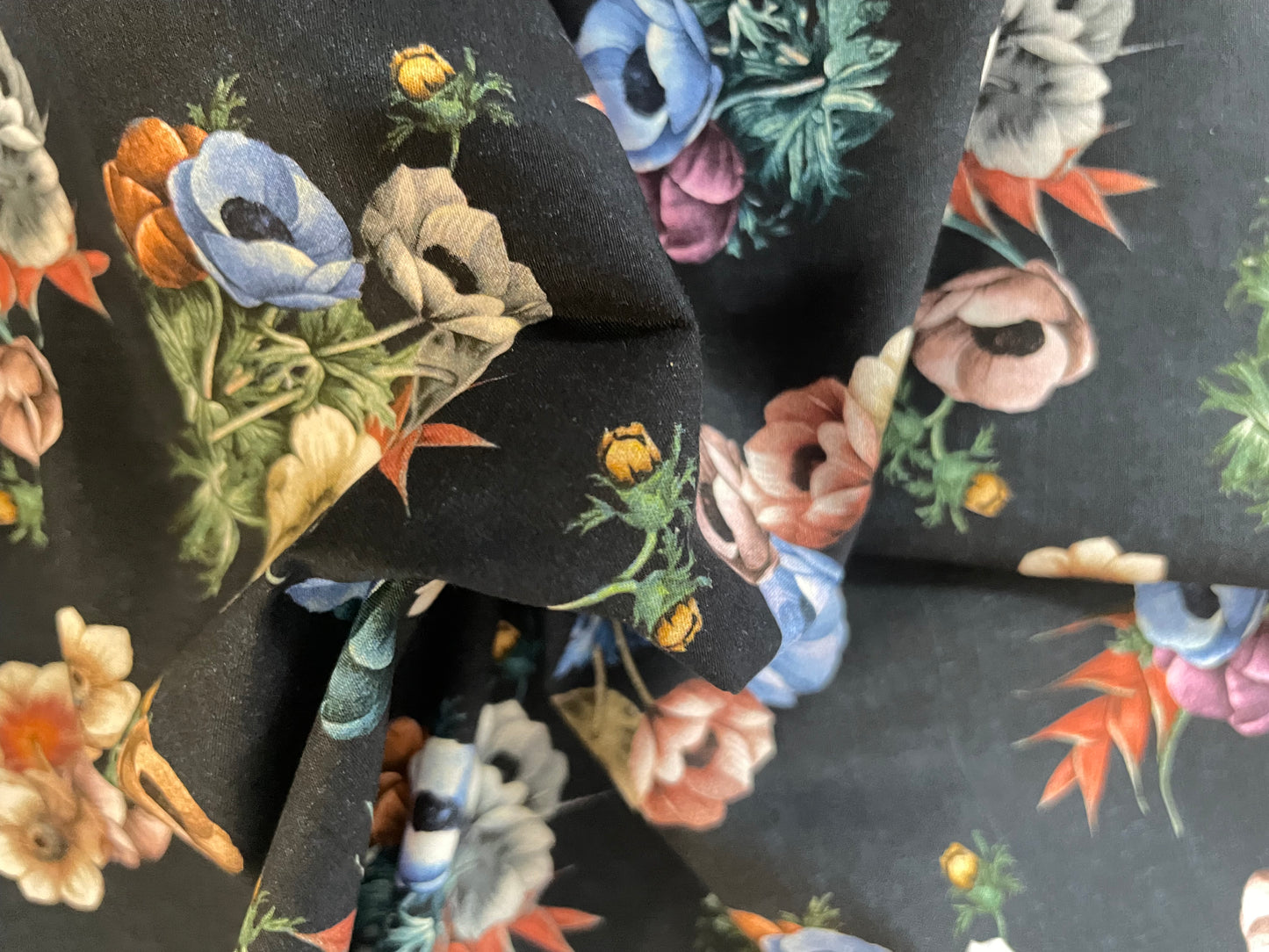Italian Floral Print Stretch Cotton - Black & Multicolor