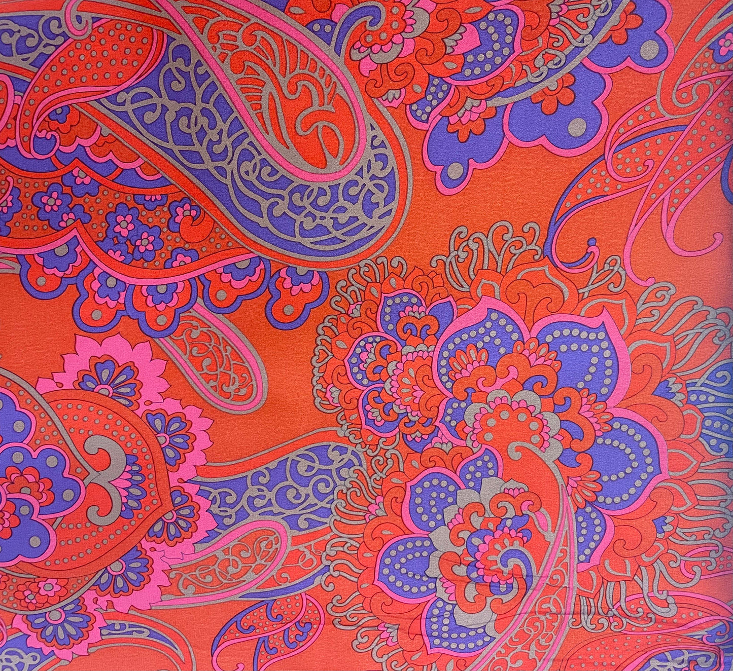 Printed Silk Crepe De Chine - 60's Paisley - Orange, Coral & purple