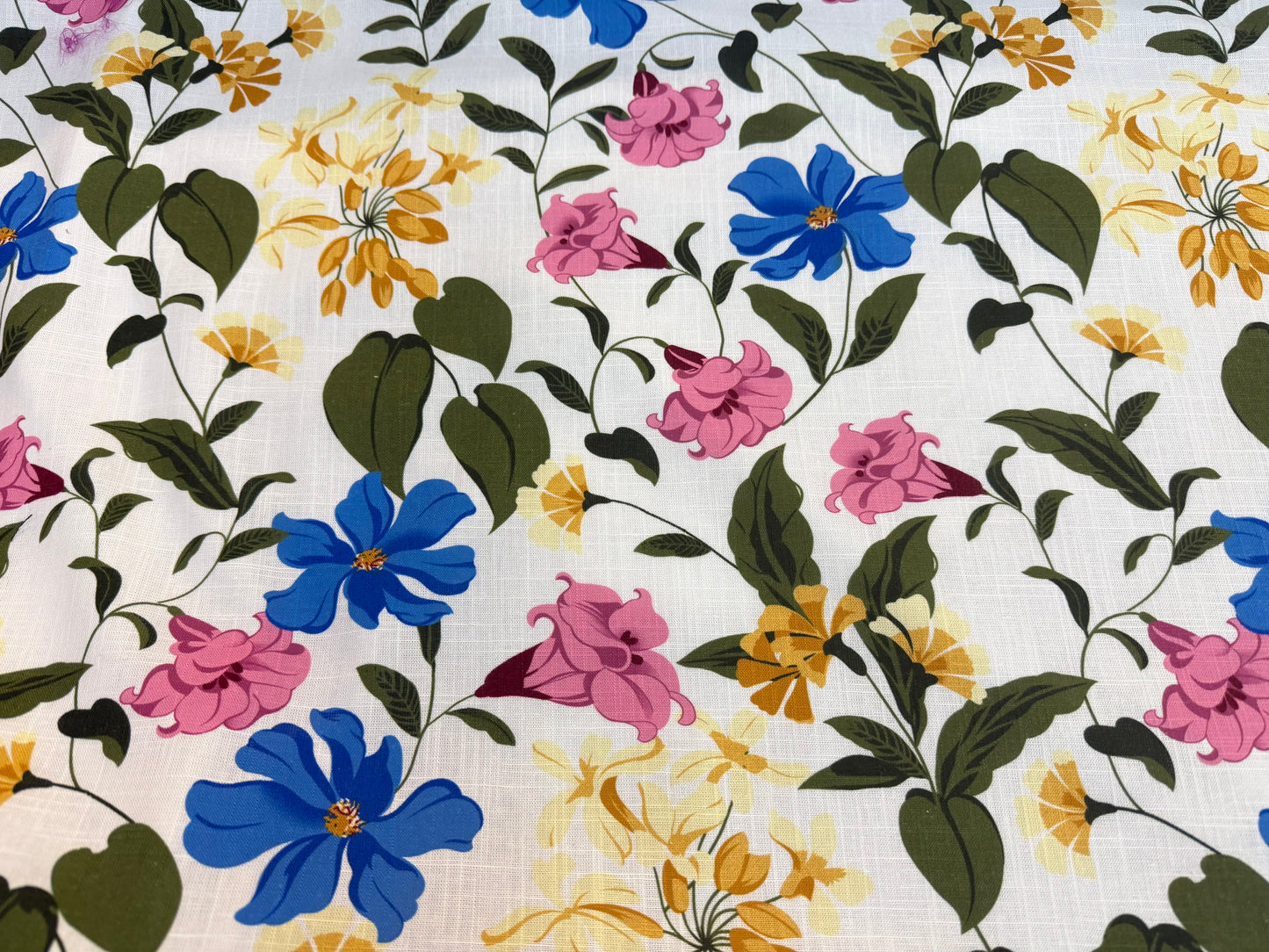 Linen Rayon Floral Print - White, Pink, Blue, Yellow & Green