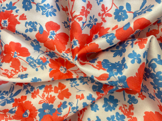Spanish Stretch Rayon Satin Print - Coral & Blue Floral
