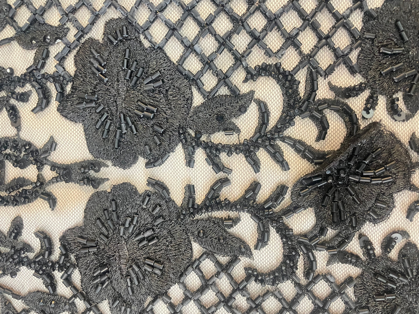 Beaded & Embroidered Floral Mesh - Jet Black