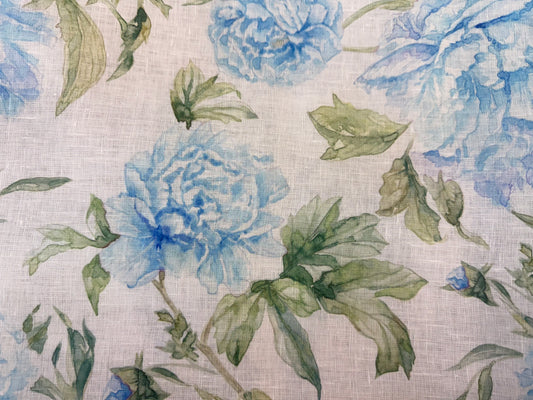 Linen Print - Blue Watercolor Peony