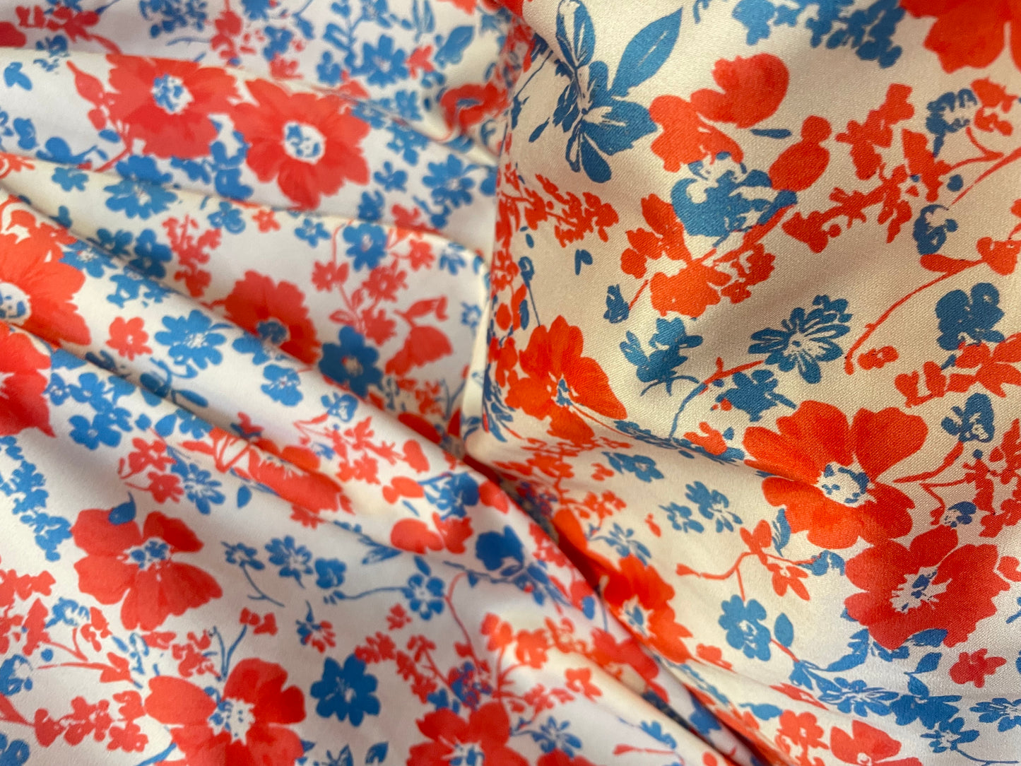 Spanish Stretch Rayon Satin Print - Coral & Blue Floral