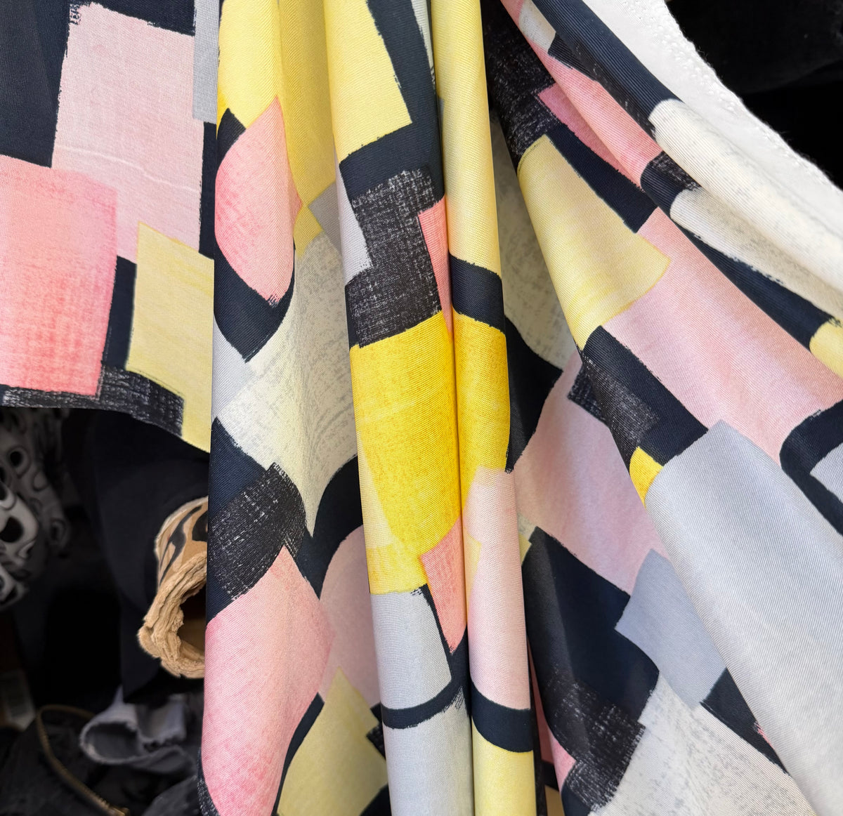 Geometric Printed Silk Jersey - Pink, Yellow, Black & Grey