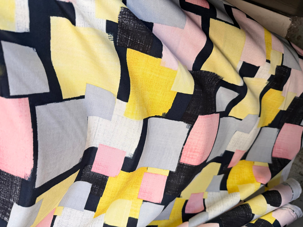 Geometric Printed Silk Jersey - Pink, Yellow, Black & Grey