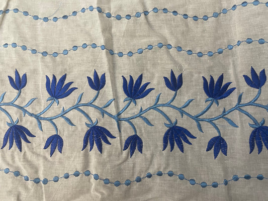 Eyelet & Floral Vine Embroidered Cotton - White & Blue