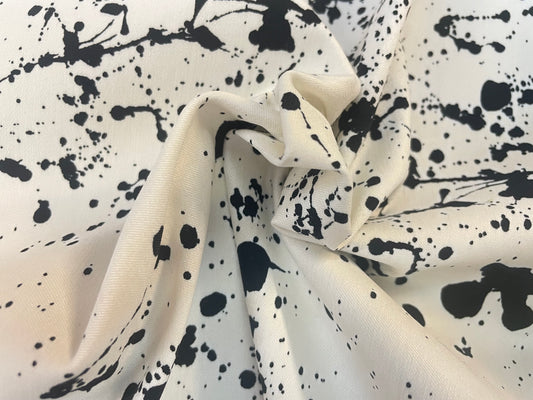 Twill Splatter Print Stretch Rayon Spandex - White & Black