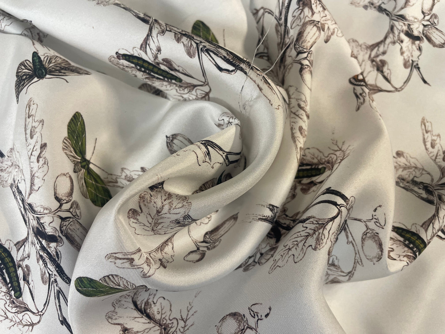 Silk Twill - Acorn Butterfly - Designer - White, Brown, Green