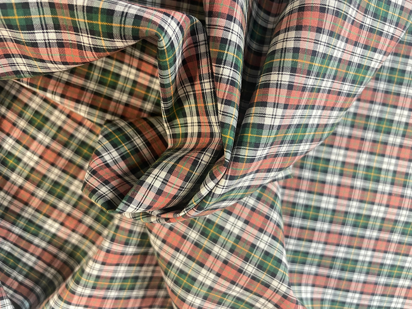 Plaid Cotton Shirting - Green, Orange, Black & White