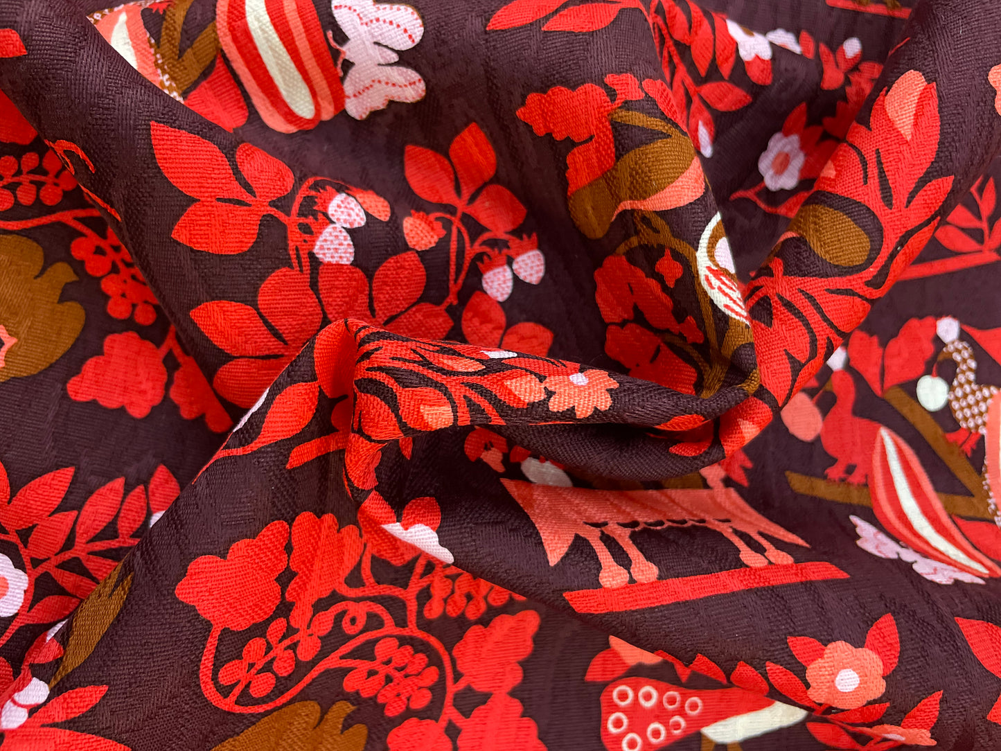 Designer Textured Print Cotton - Burgundy, Red & Brown